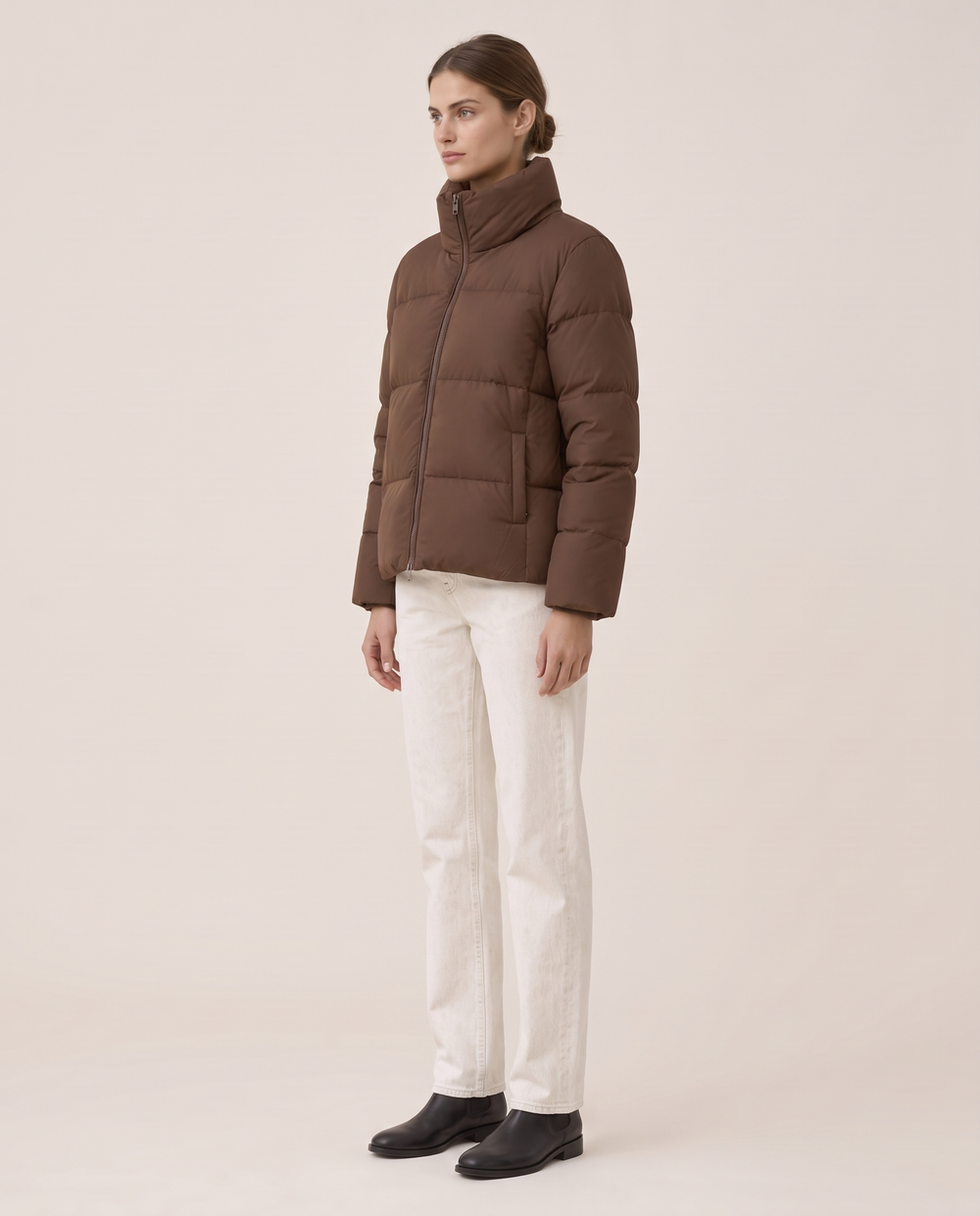 Classic Padded Puffer Jacket with Zip Front — three-quarter view