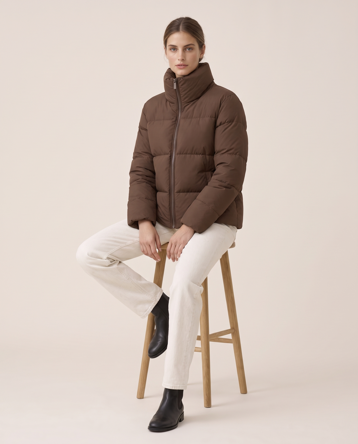 Classic Padded Puffer Jacket with Zip Front — worn seated