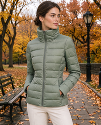 Tailored Quilted Puffer Jacket with High Neck — worn in Central Park in autumn