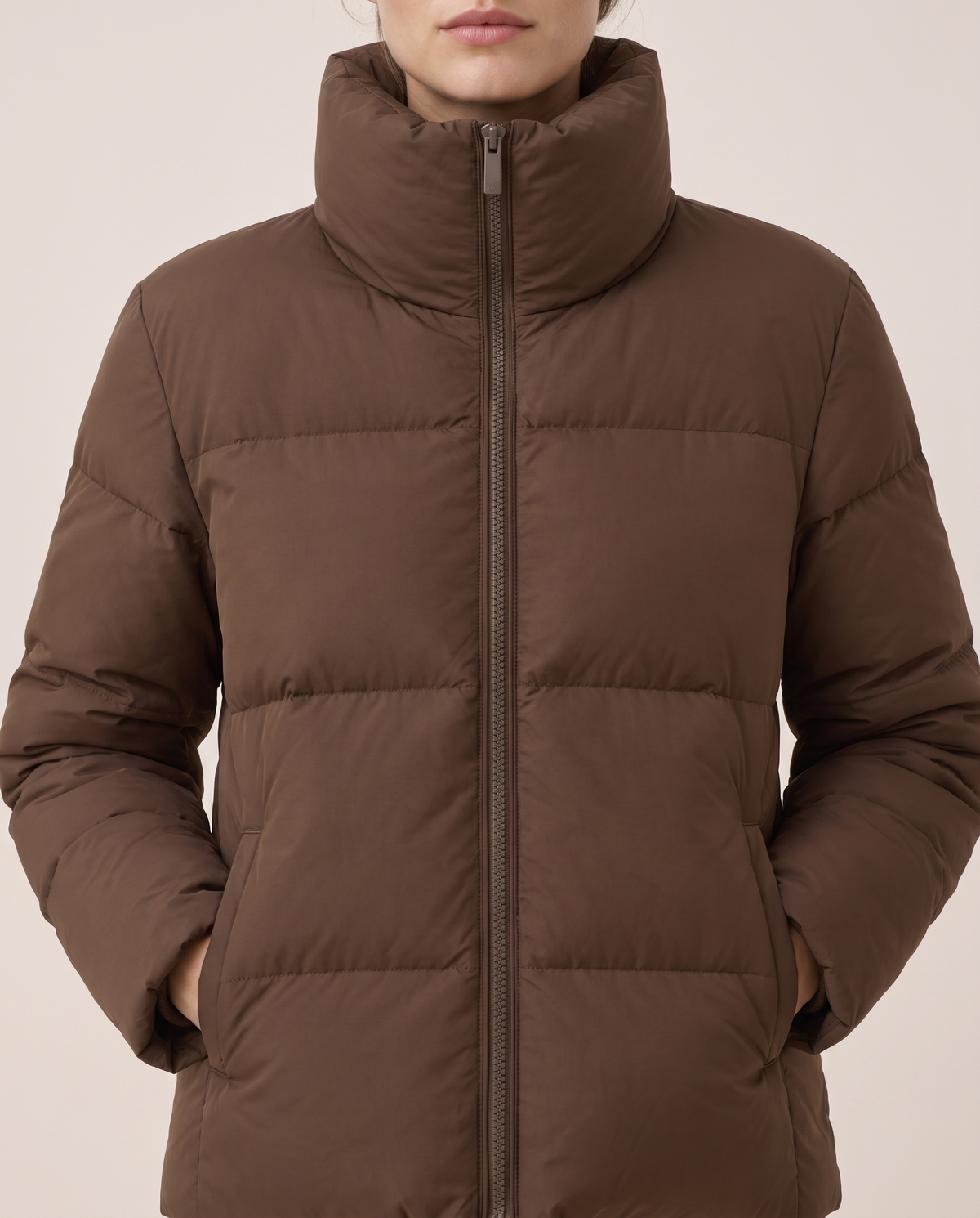 Classic Padded Puffer Jacket with Zip Front — stand collar and quilting, worn