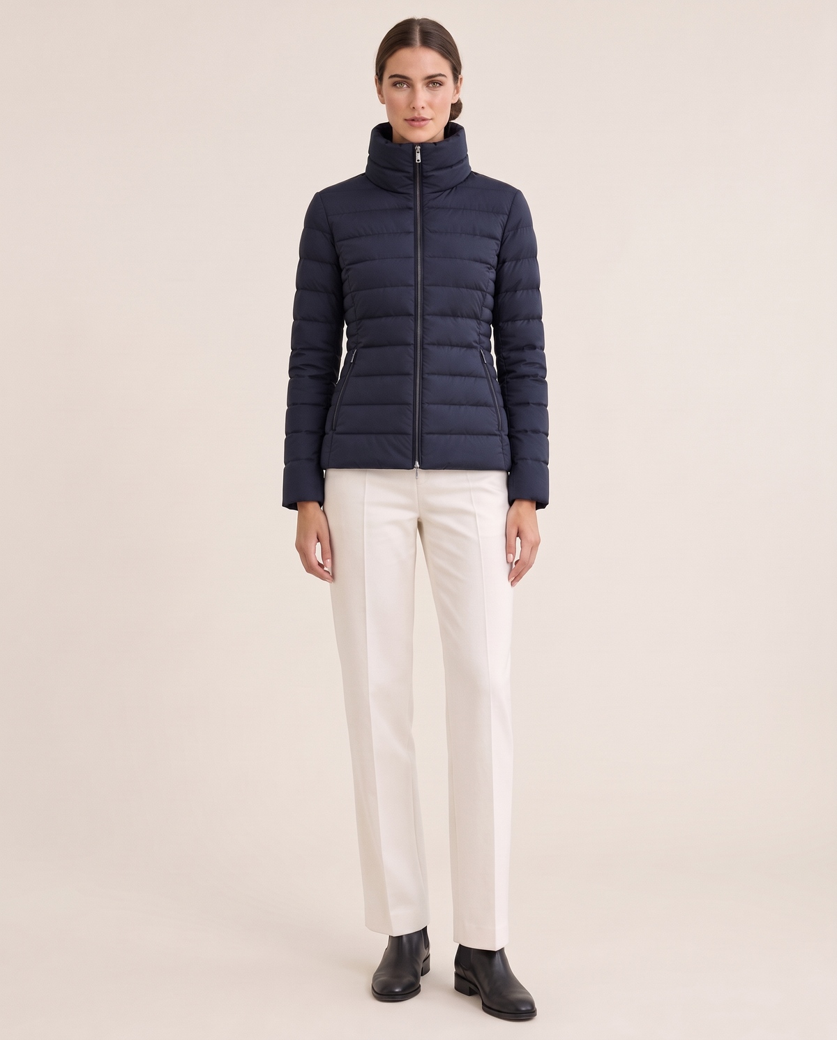 Tailored Quilted Puffer Jacket with High Neck — navy, studio front