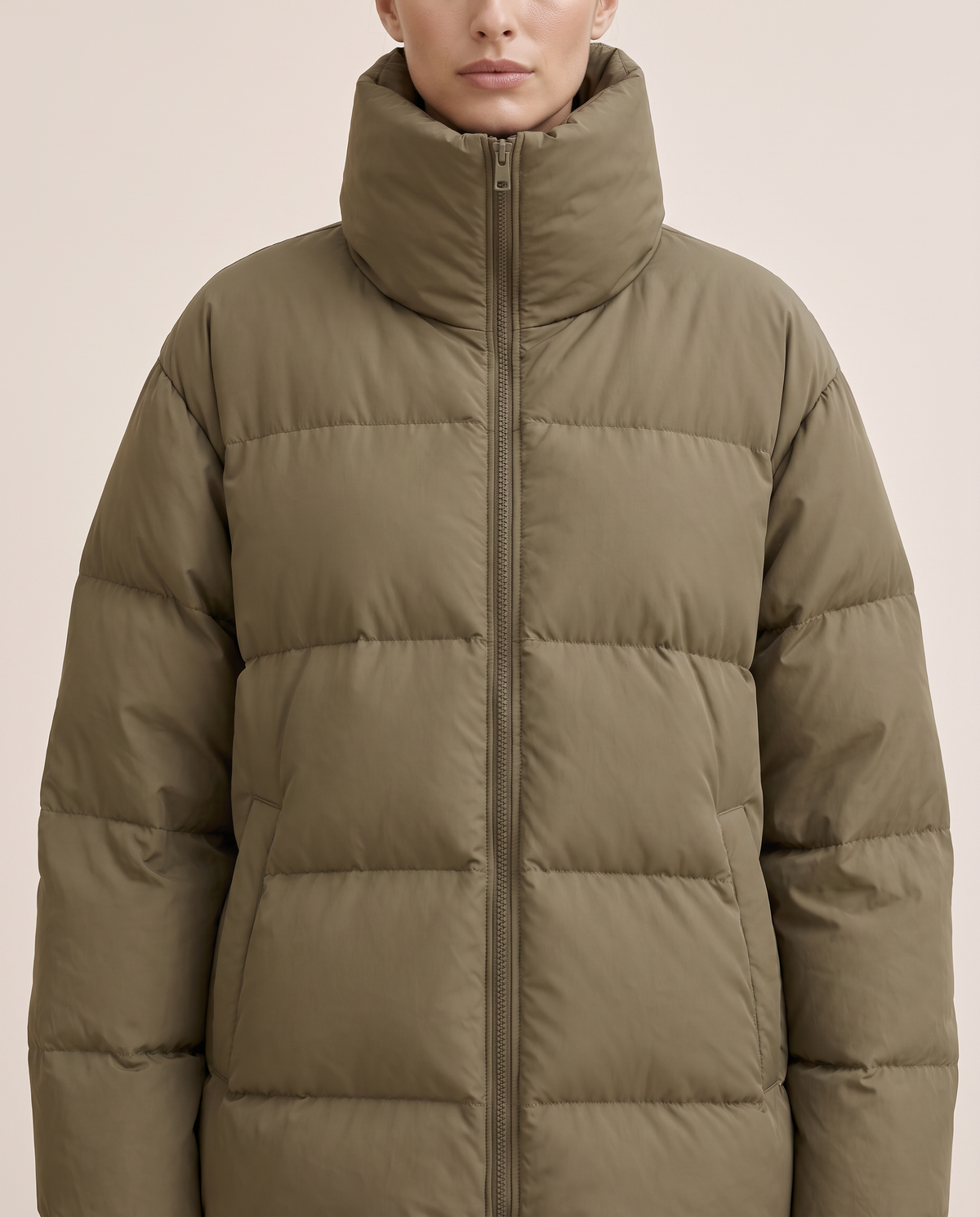 Oversized Quilted Puffer Jacket with Funnel Neck — funnel neck and quilting, worn
