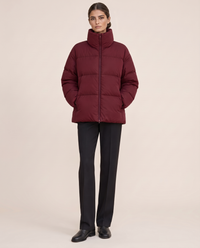Oversized Quilted Puffer Jacket with Funnel Neck — burgundy, studio front