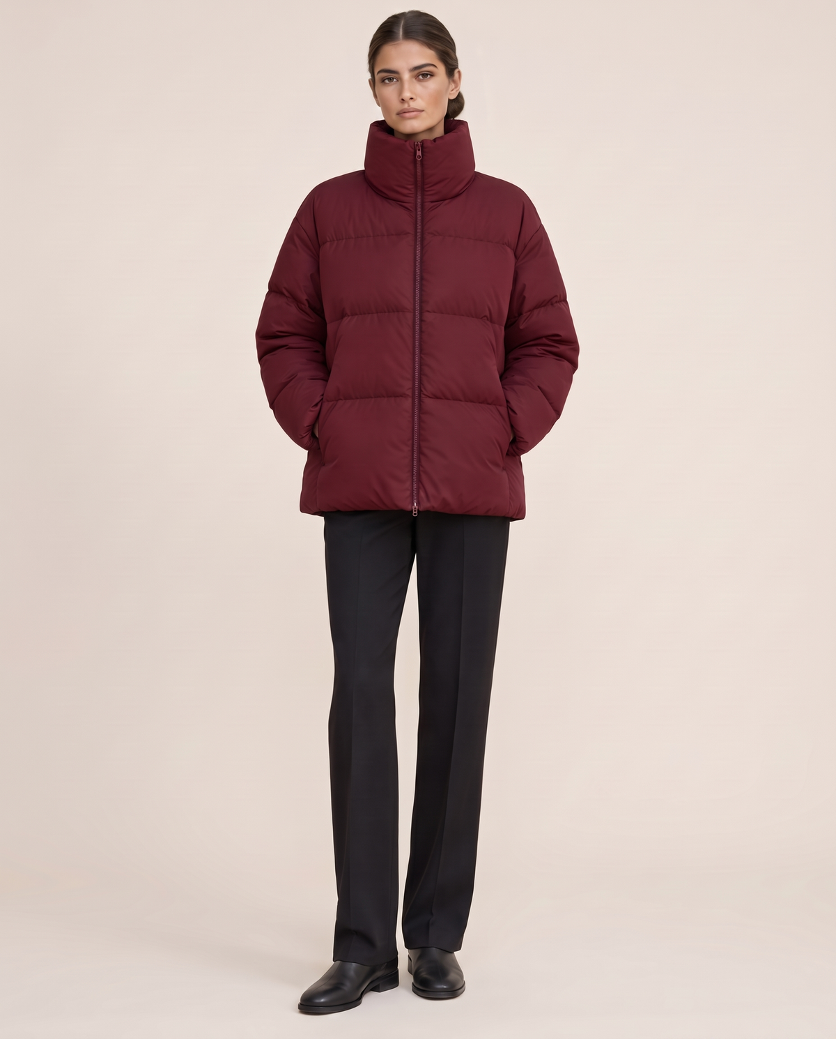 Oversized Quilted Puffer Jacket with Funnel Neck — burgundy, studio front