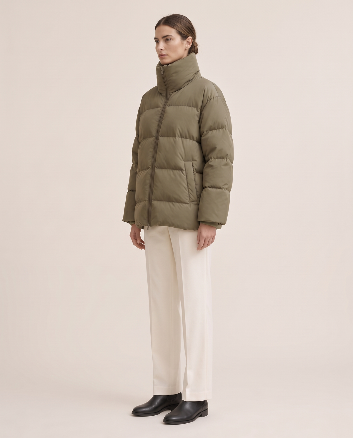 Oversized Quilted Puffer Jacket with Funnel Neck — three-quarter view