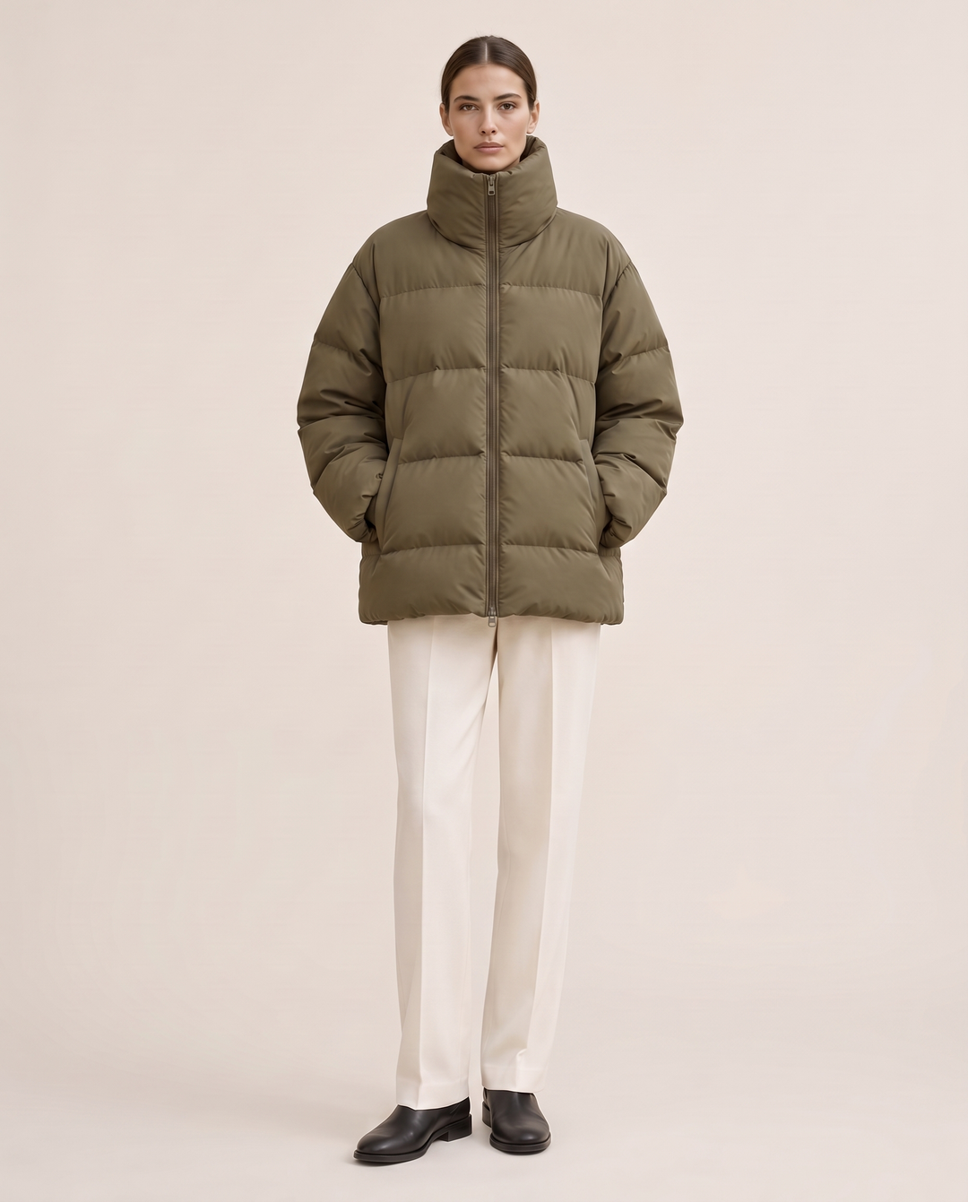 Oversized Quilted Puffer Jacket with Funnel Neck — studio front