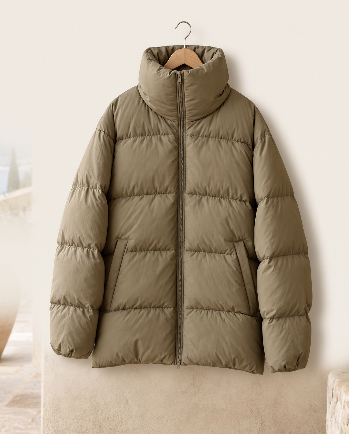 Oversized Quilted Puffer Jacket with Funnel Neck — on hanger
