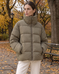 Oversized Quilted Puffer Jacket with Funnel Neck — worn in Central Park in autumn