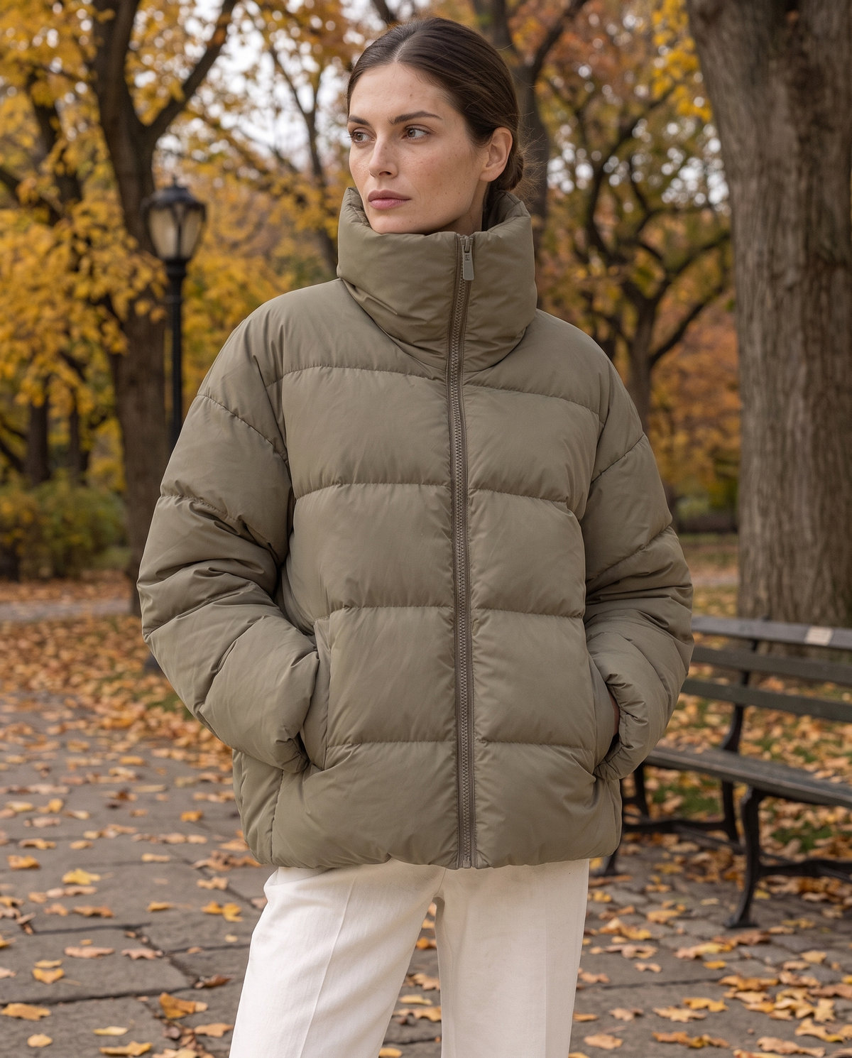 Oversized Quilted Puffer Jacket with Funnel Neck — worn in Central Park in autumn