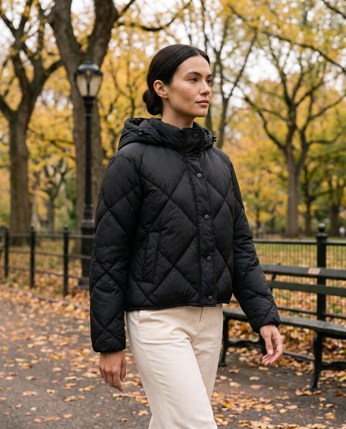 Cropped Puffer Jacket with Hood and Snaps — worn in Central Park in autumn