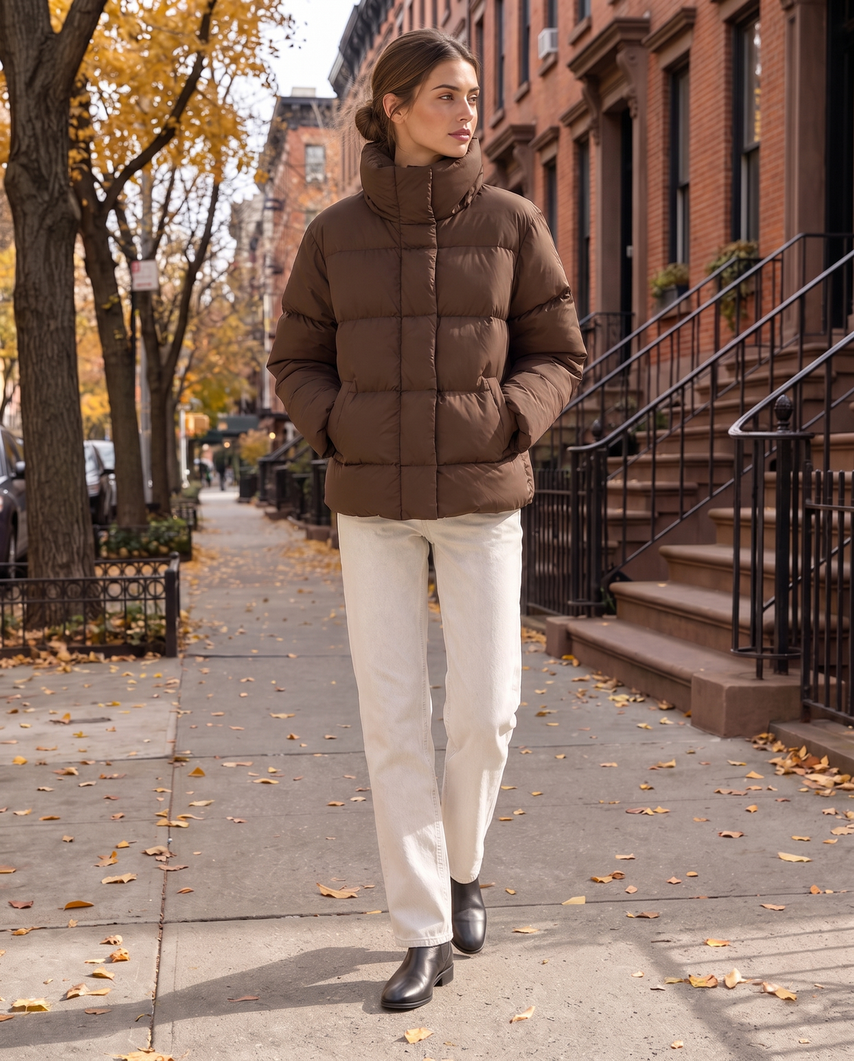 Classic Padded Puffer Jacket with Zip Front — worn on a New York street in autumn