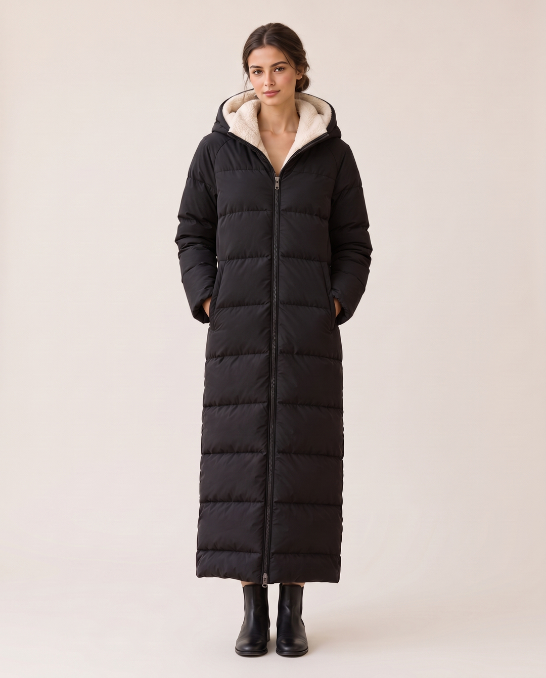 Black Maxi Puffer Coat with Sherpa Hood — studio front