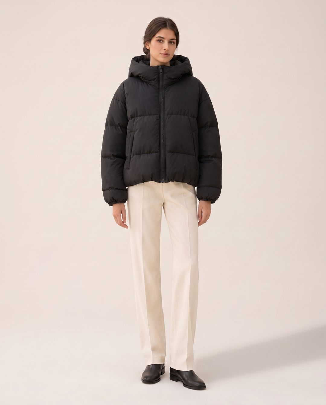 Oversized Hooded Puffer Jacket for Women — studio front