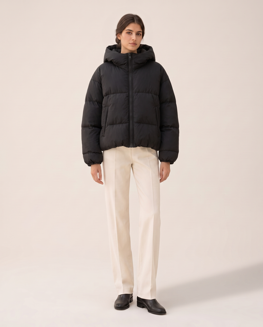Oversized Hooded Puffer Jacket for Women — studio front