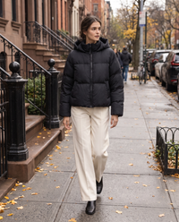 Oversized Hooded Puffer Jacket for Women — worn on a New York street in autumn