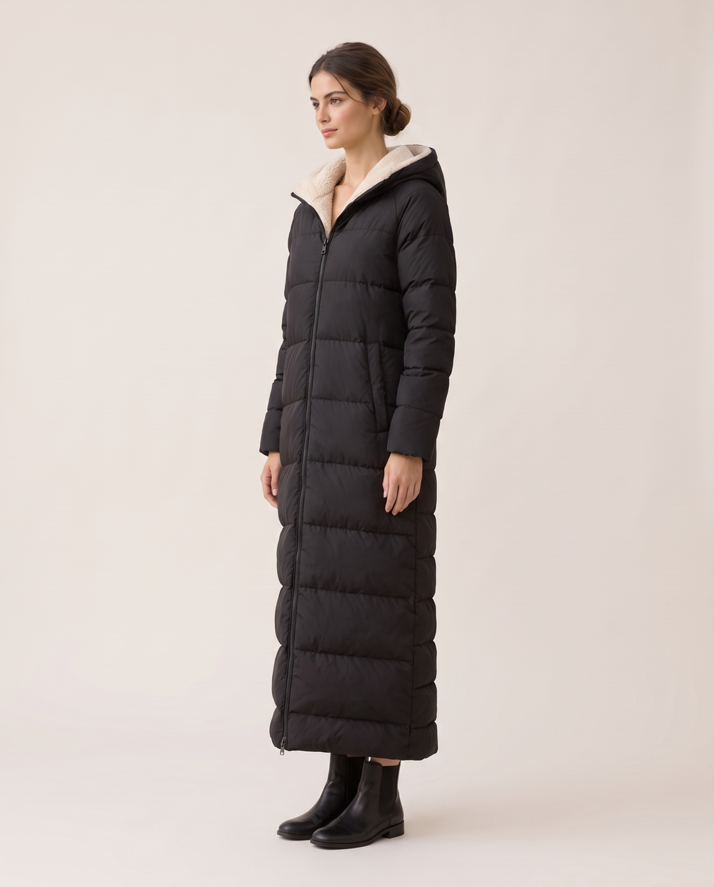 Black Maxi Puffer Coat with Sherpa Hood — three-quarter view