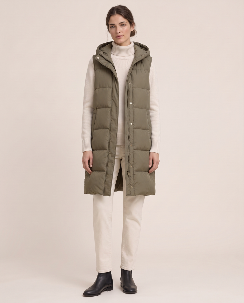 Stillwater Warm Hooded Longline Puffer Vest — studio front