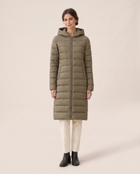 Longline Hooded Puffer Coat with Welt Pockets — olive, studio front