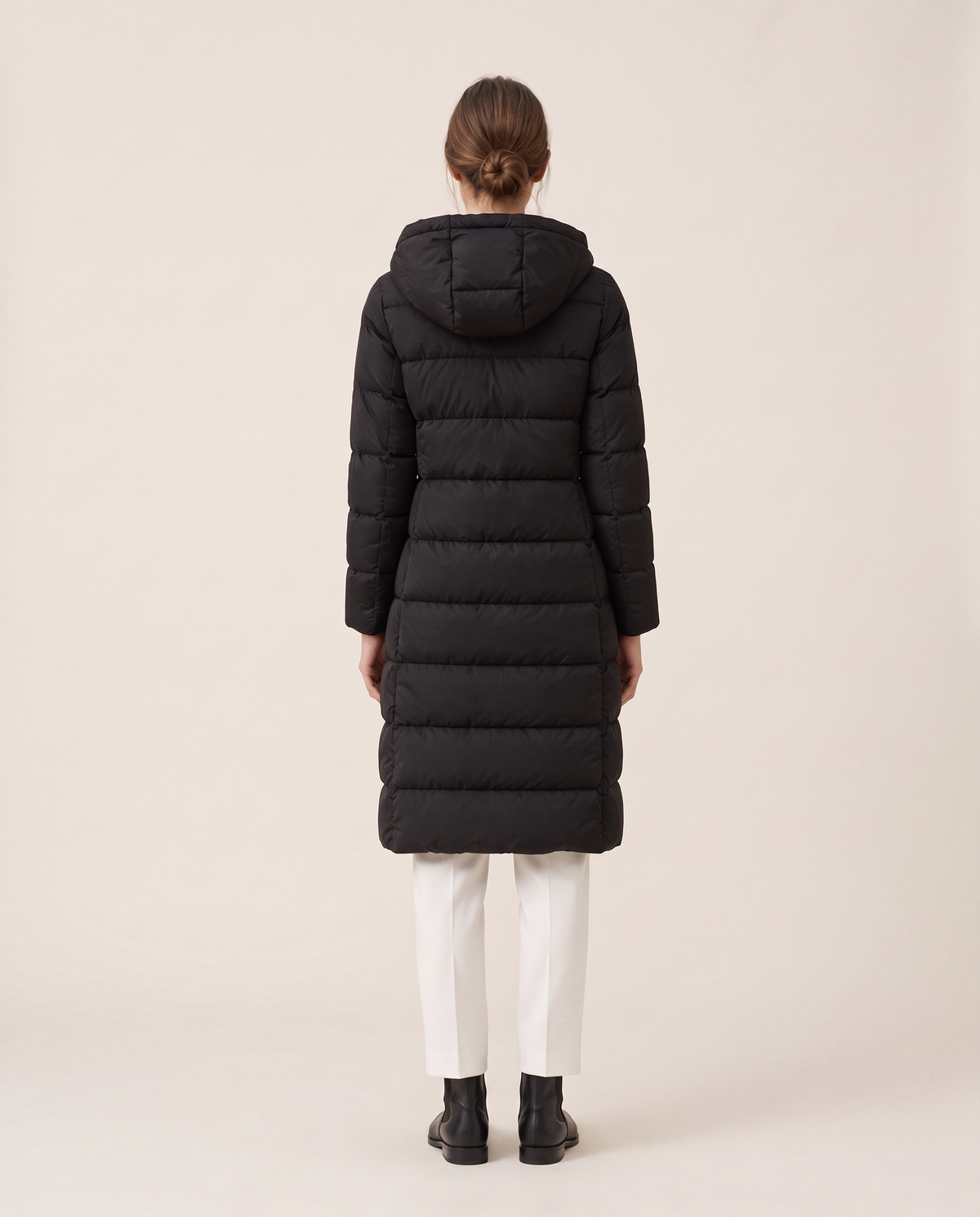 Longline Hooded Puffer Coat with Welt Pockets — studio back