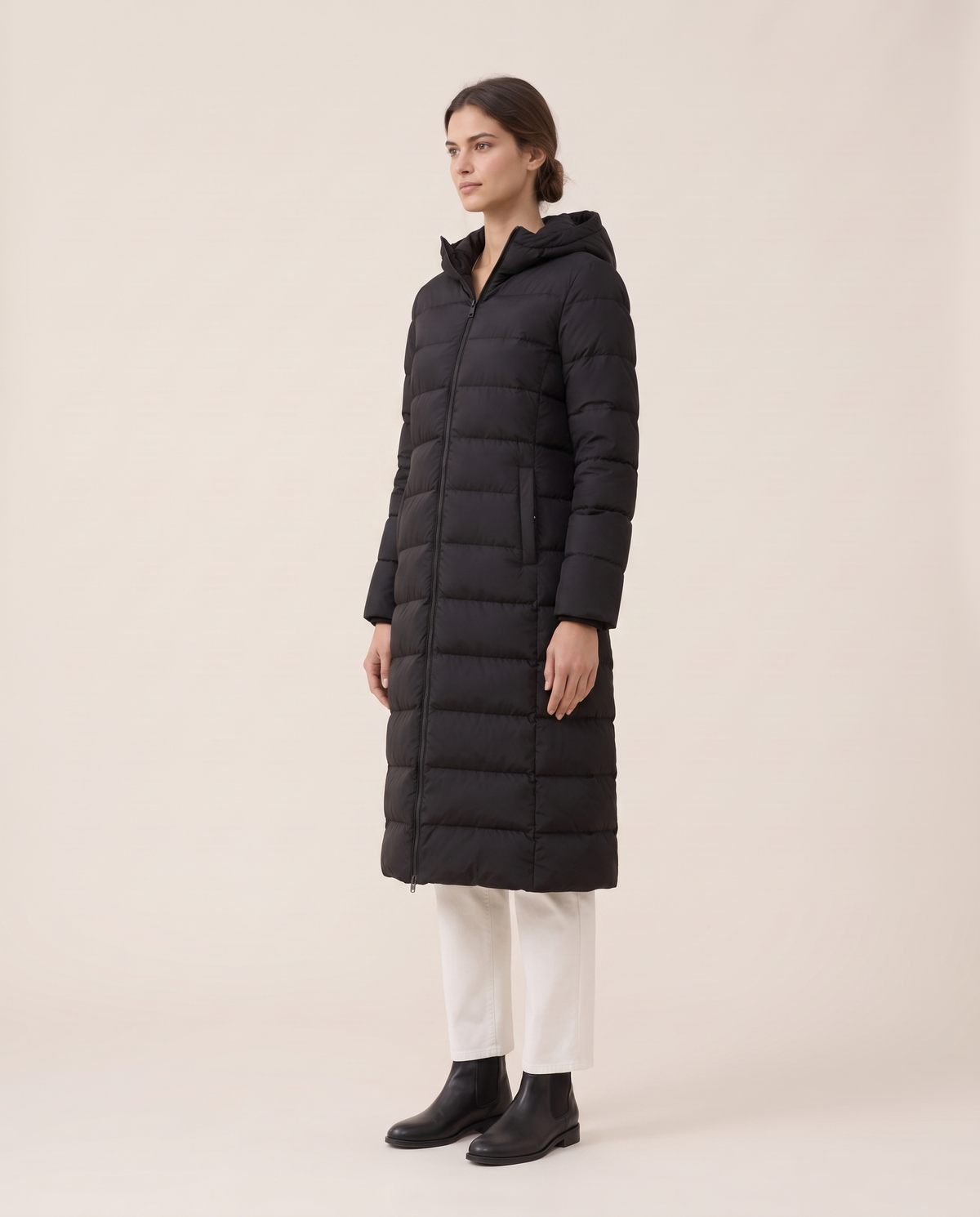 Longline Hooded Puffer Coat with Welt Pockets — three-quarter view