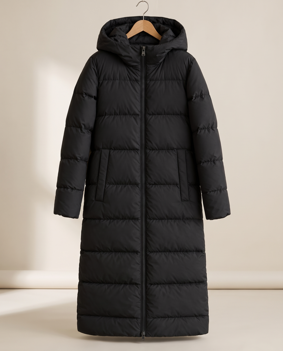 Longline Hooded Puffer Coat with Welt Pockets — on hanger