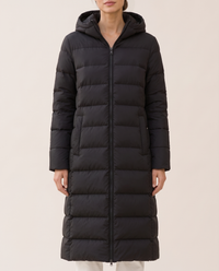Longline Hooded Puffer Coat with Welt Pockets — welt pocket and zip, worn