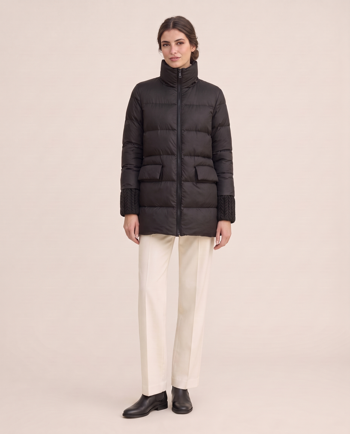 Lightweight Duck Down Puffer Coat — black, studio front