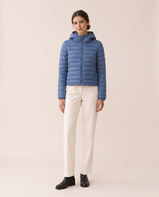 Cropped Quilted Puffer Jacket with Hood — studio front