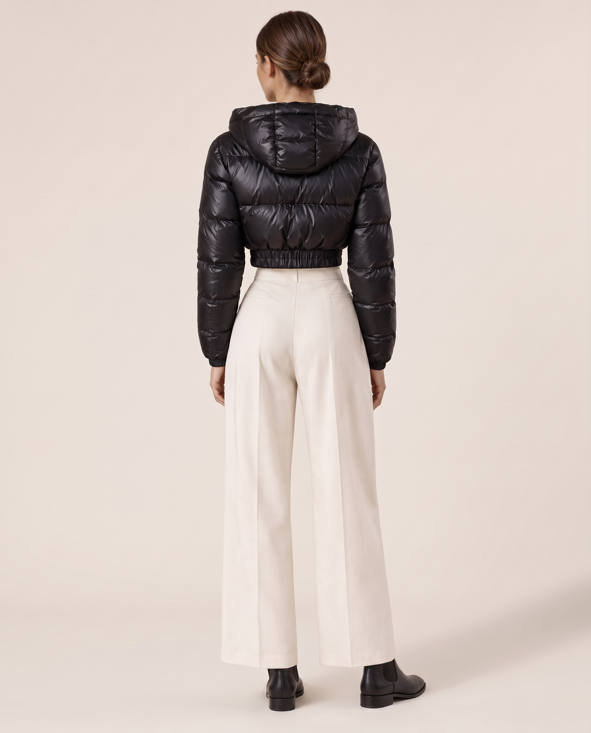 Glossy Cropped Puffer Jacket with Hood — studio back