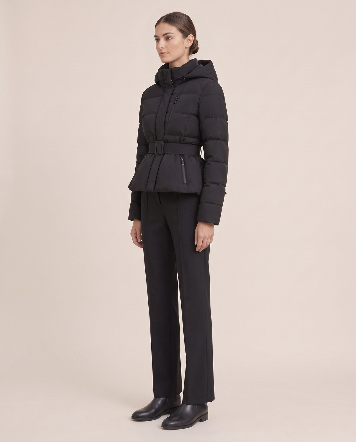 Belted Cropped Puffer Jacket with Hood — three-quarter view