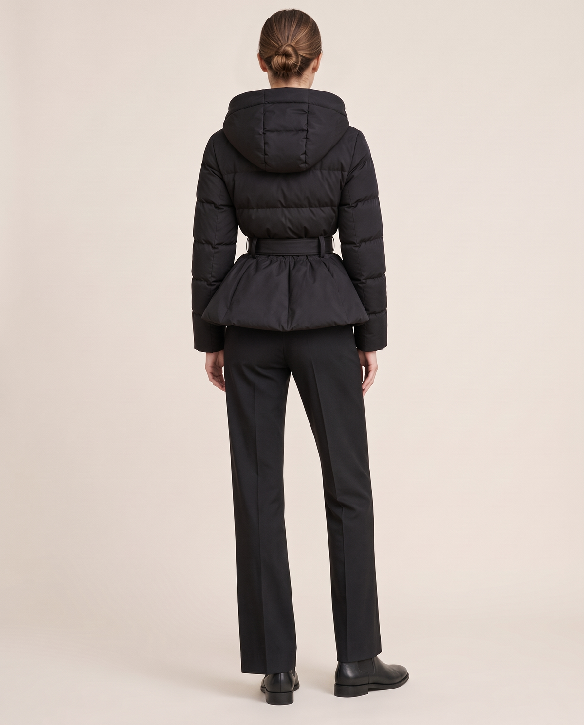 Belted Cropped Puffer Jacket with Hood — studio back