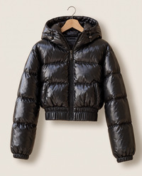 Glossy Cropped Puffer Jacket with Hood — on hanger