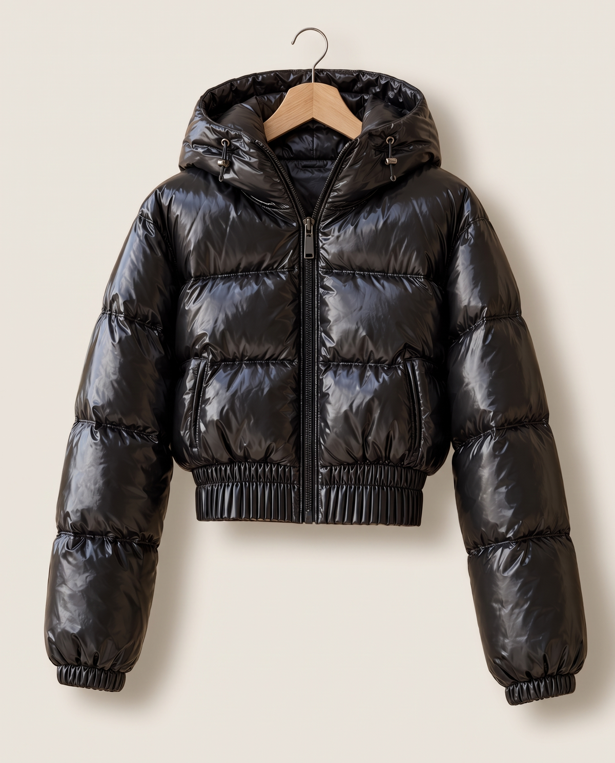 Glossy Cropped Puffer Jacket with Hood — on hanger