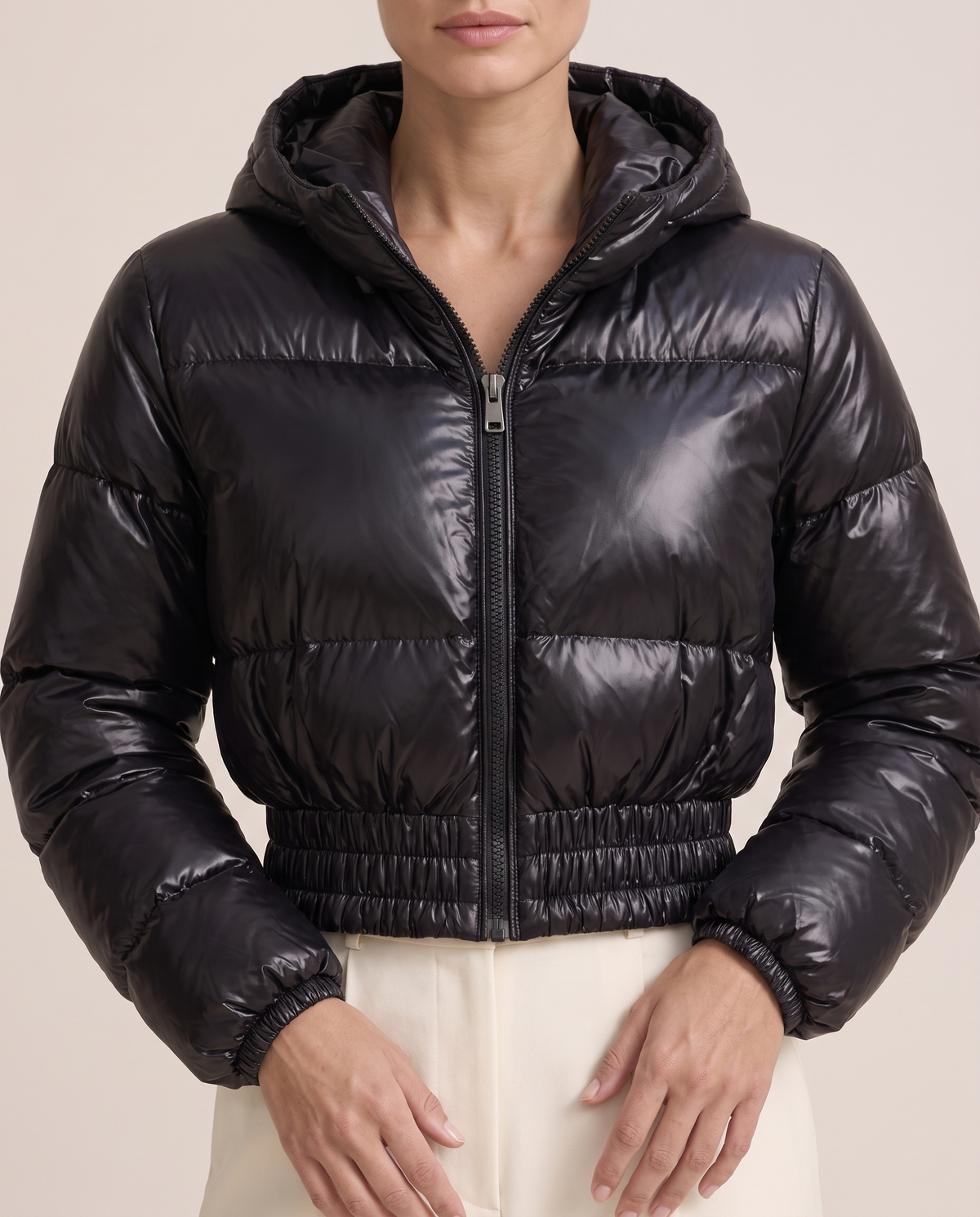 Glossy Cropped Puffer Jacket with Hood — glossy finish and zip, worn