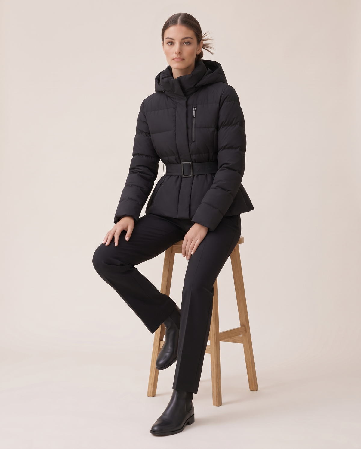 Belted Cropped Puffer Jacket with Hood — worn seated
