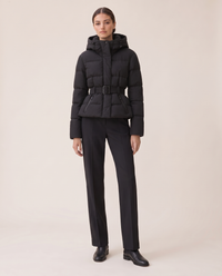 Belted Cropped Puffer Jacket with Hood — studio front