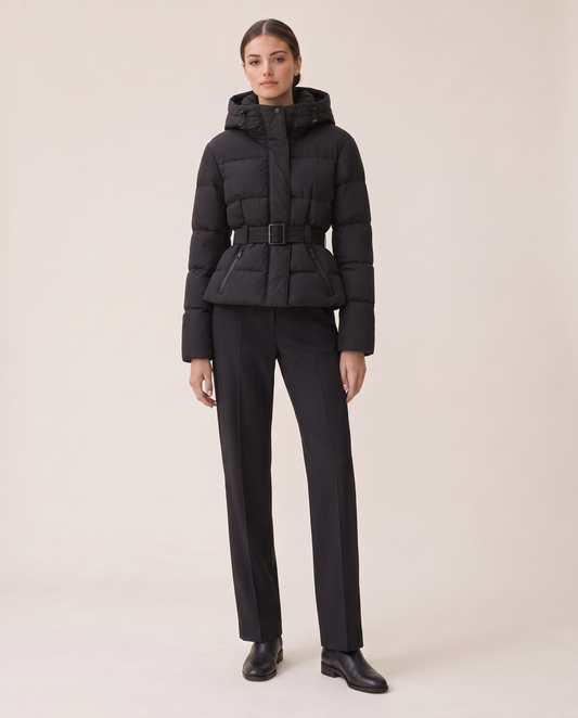 Belted Cropped Puffer Jacket with Hood — studio front