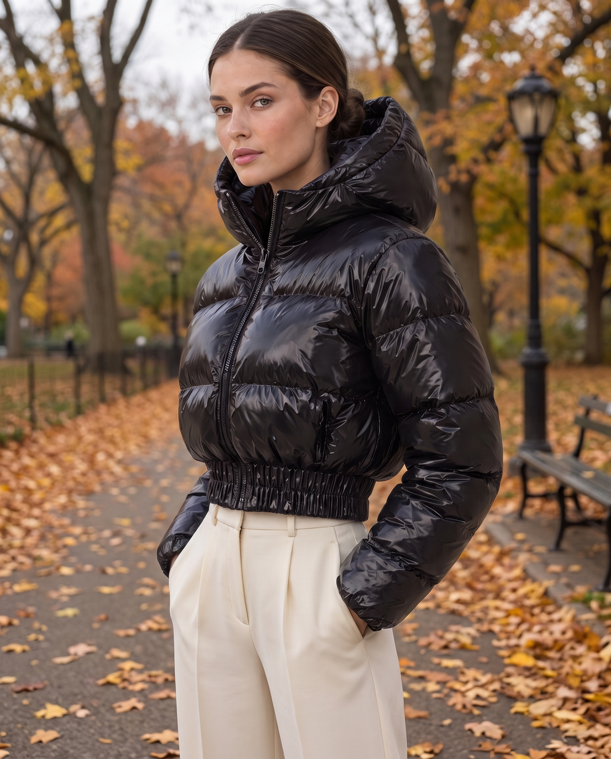 Glossy Cropped Puffer Jacket with Hood — worn in Central Park in autumn