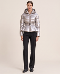 Belted Cropped Puffer Jacket with Hood — silver, studio front