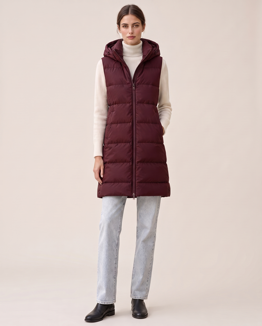 Stowe Warm Longline Hooded Puffer Vest — studio front