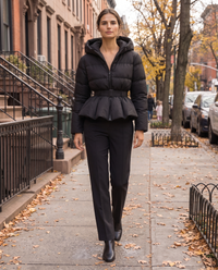 Belted Cropped Puffer Jacket with Hood — worn on a New York street in autumn