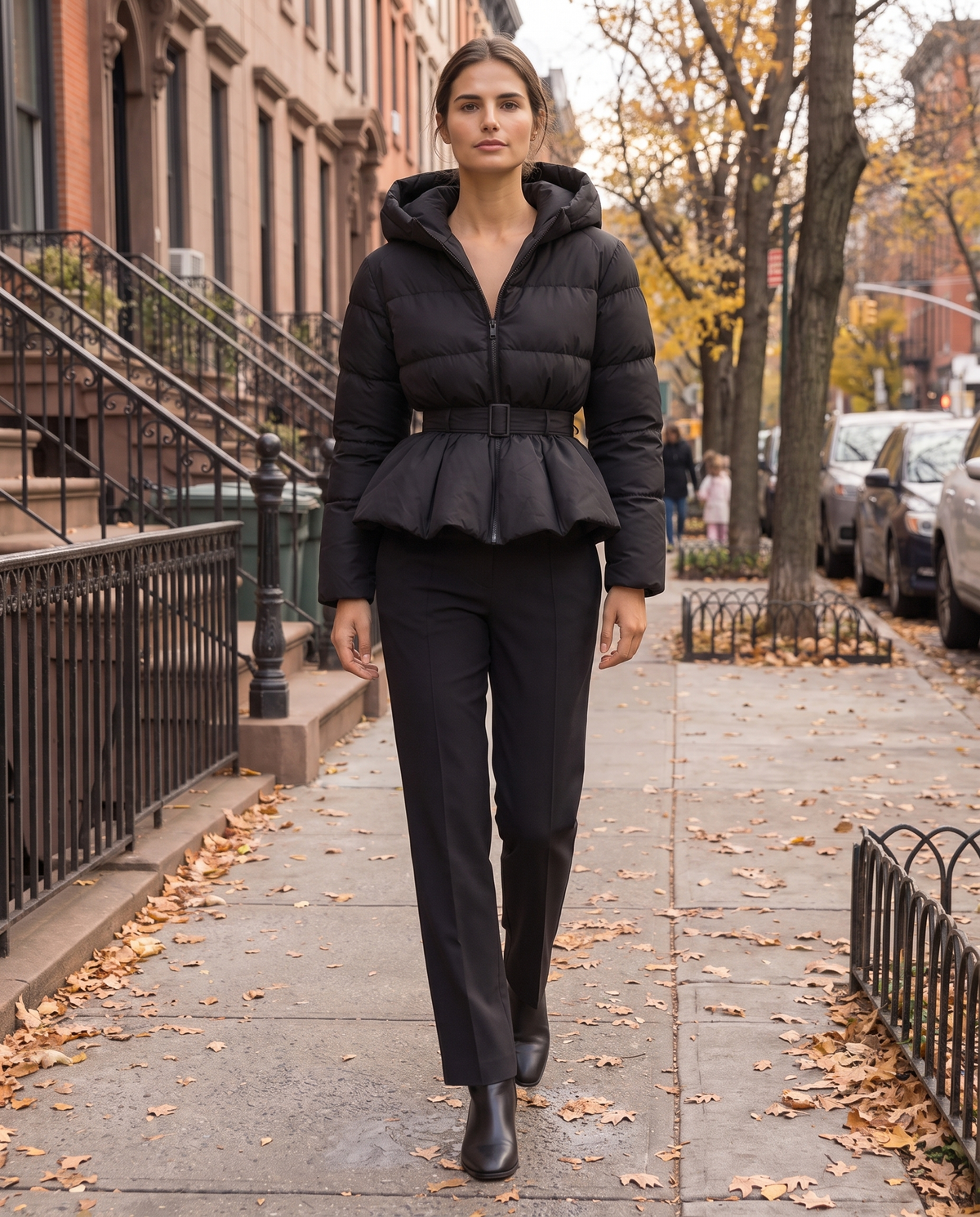 Belted Cropped Puffer Jacket with Hood — worn on a New York street in autumn