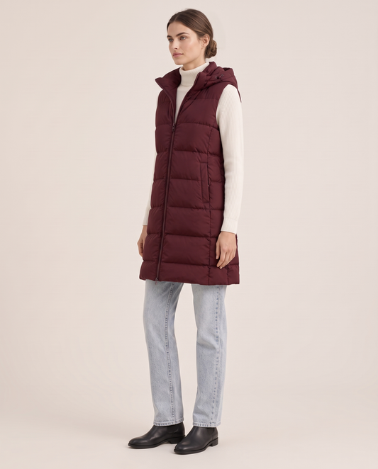 Stowe Warm Longline Hooded Puffer Vest — three-quarter view