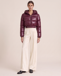 Glossy Cropped Puffer Jacket with Hood — burgundy, studio front