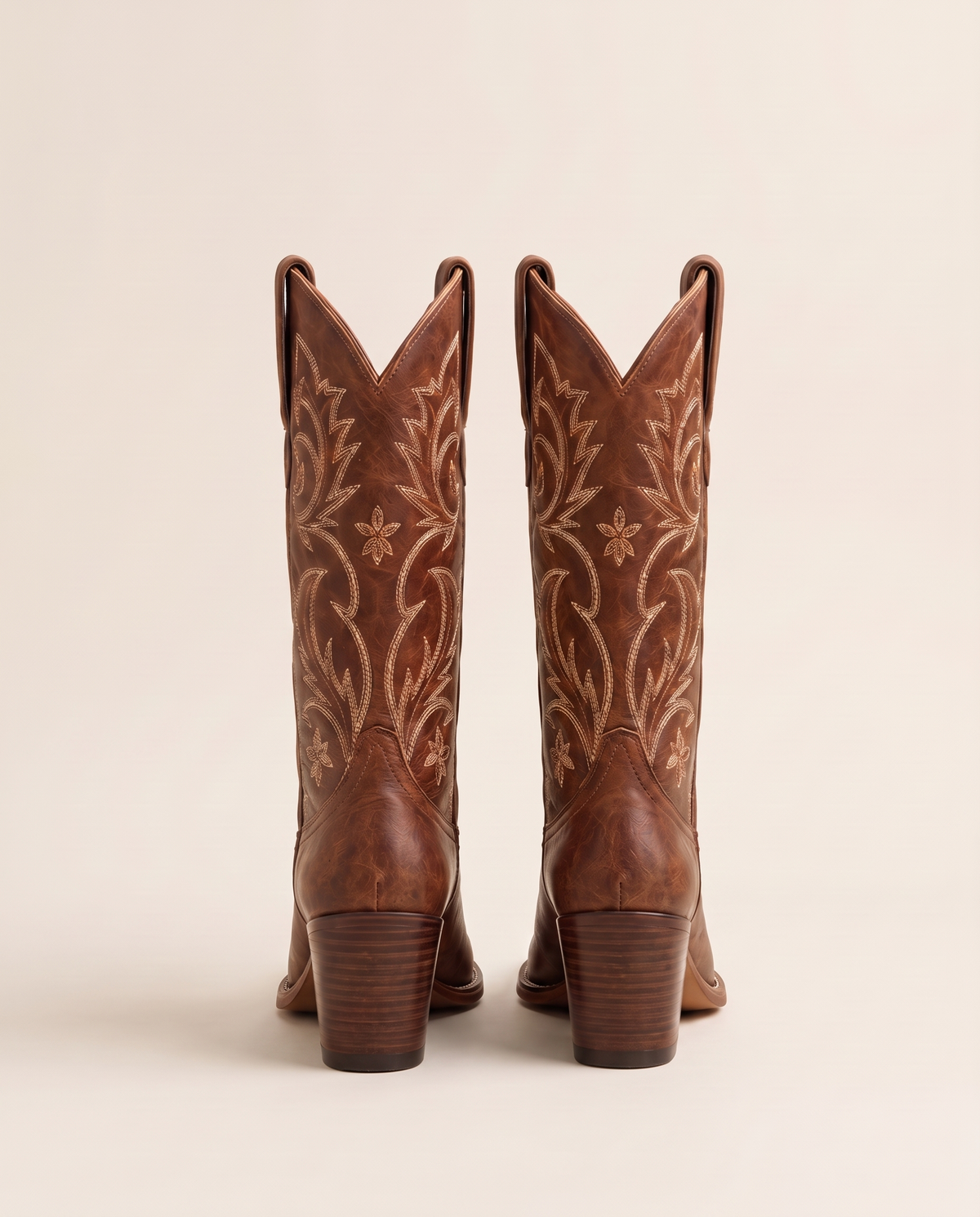Knee-High Western Boots with Floral Embroidery — back view, heels