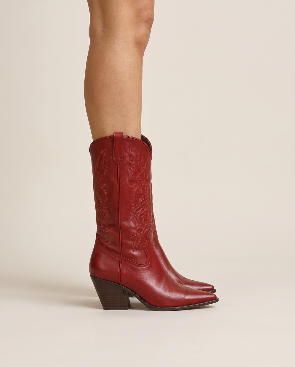 Red Cowboy Boots for Women, Mid-Calf Western Style — worn, side profile