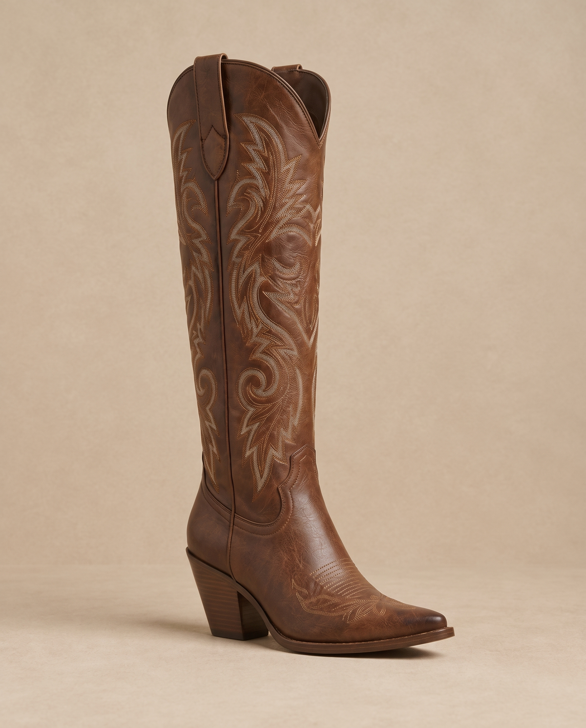 Knee-High Western Boots with Floral Embroidery — single boot, three-quarter view