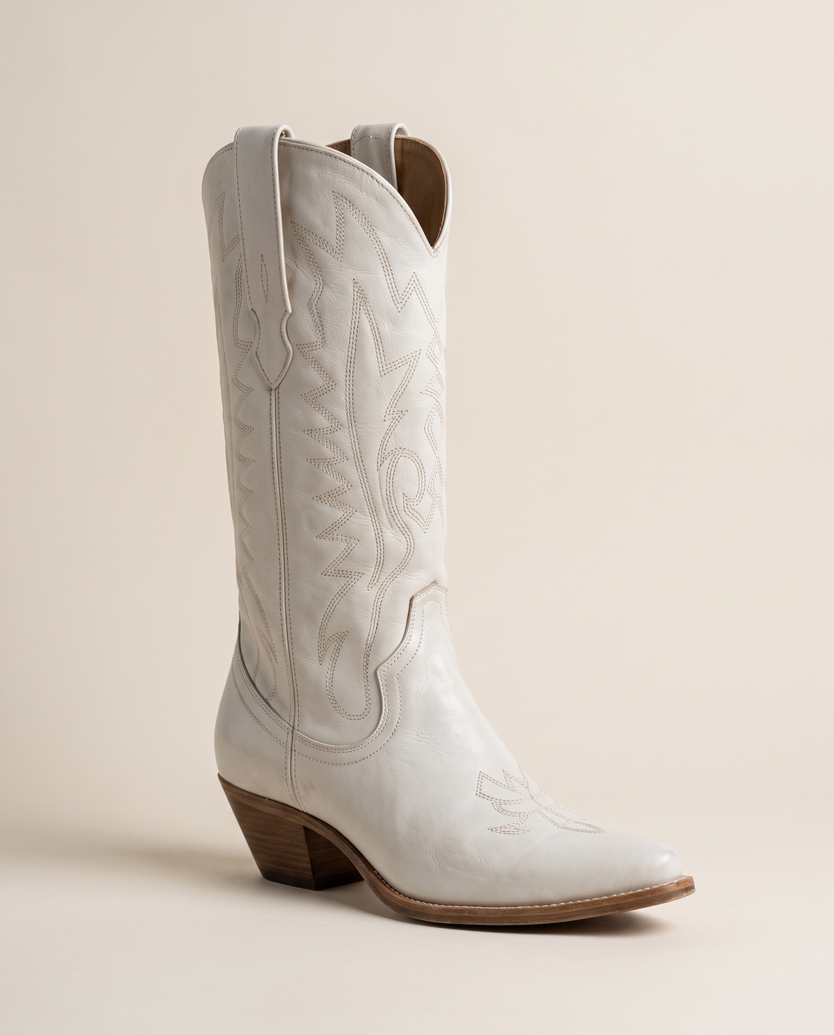 White Cowboy Boots for Women, Mid-Calf Western Style — single boot, three-quarter view