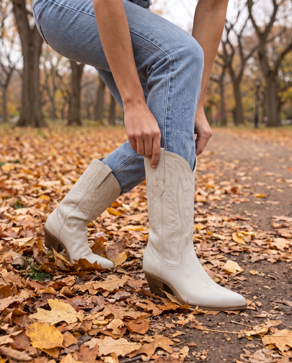 White Cowboy Boots for Women, Mid-Calf Western Style — worn with jeans in Central Park