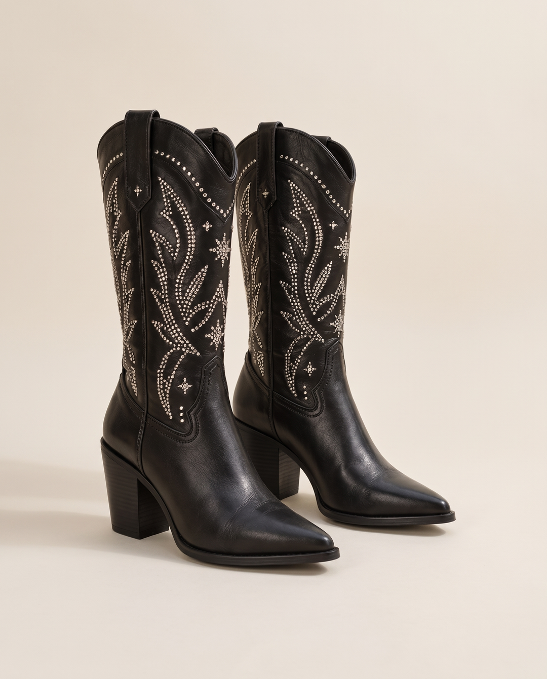 Black Embellished Mid-Calf Cowboy Boots — pair, studio